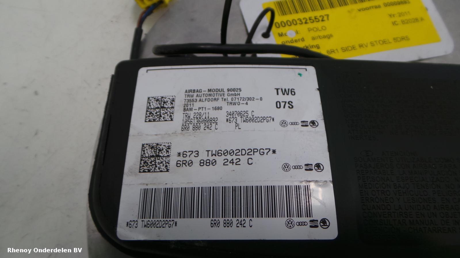 2011 VOLKSWAGEN POLO AIRBAG RECHTS View Auto part AIRBAG RECHTS VOLKSWAGEN POLO 2011