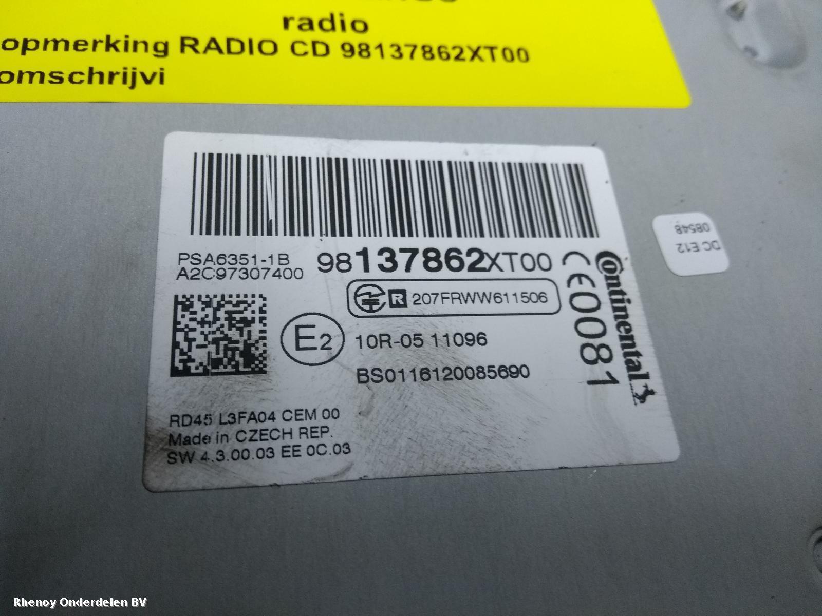 2016 CITROEN BERLINGO RADIO View Auto part RADIO CITROEN BERLINGO 2016
